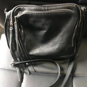 Kelsi Dagger black leather silver chain zippers tassels small crossbody shoulder